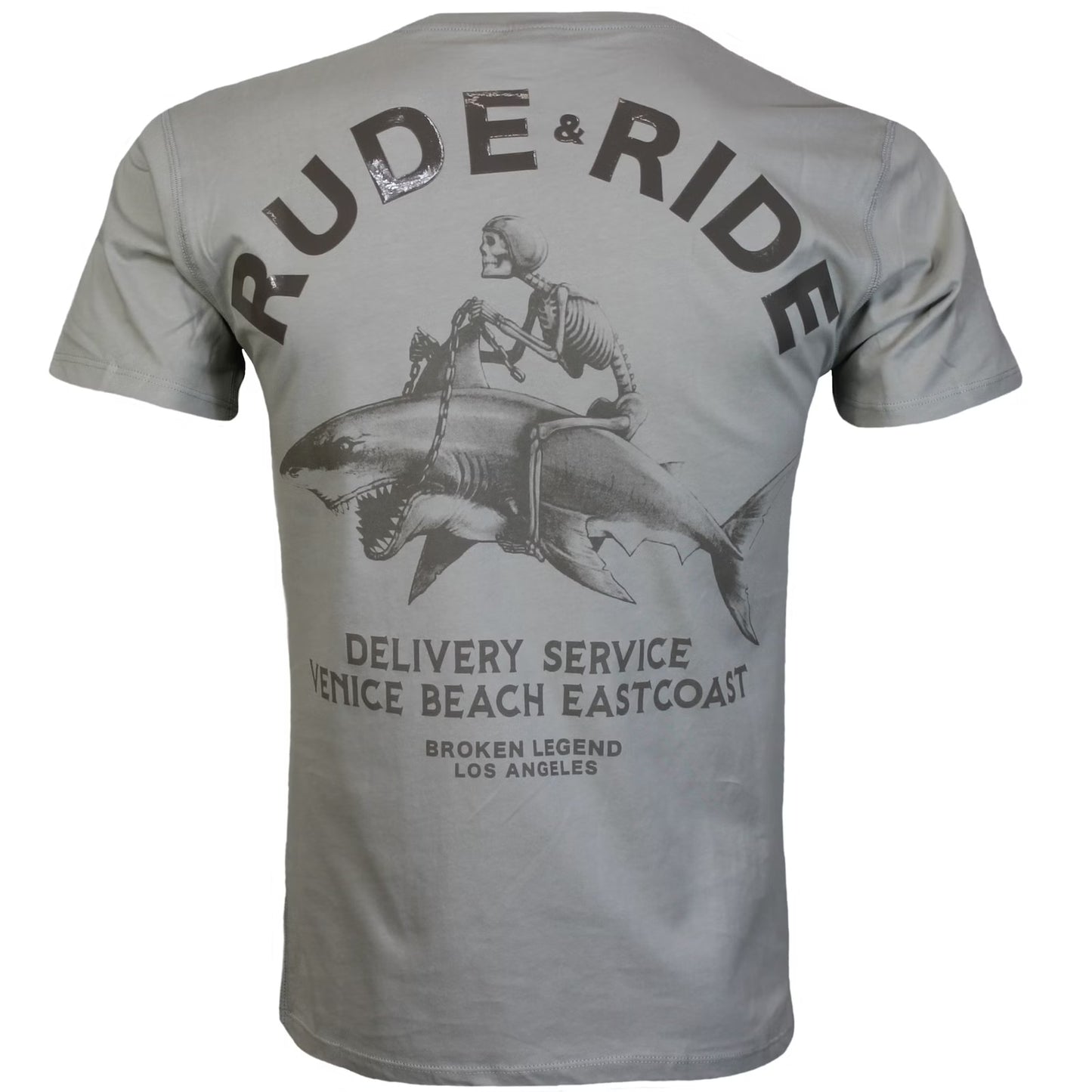 Graues Broken Legend T-Shirt mit kleinem Brustprint und Hai-Rückenprint