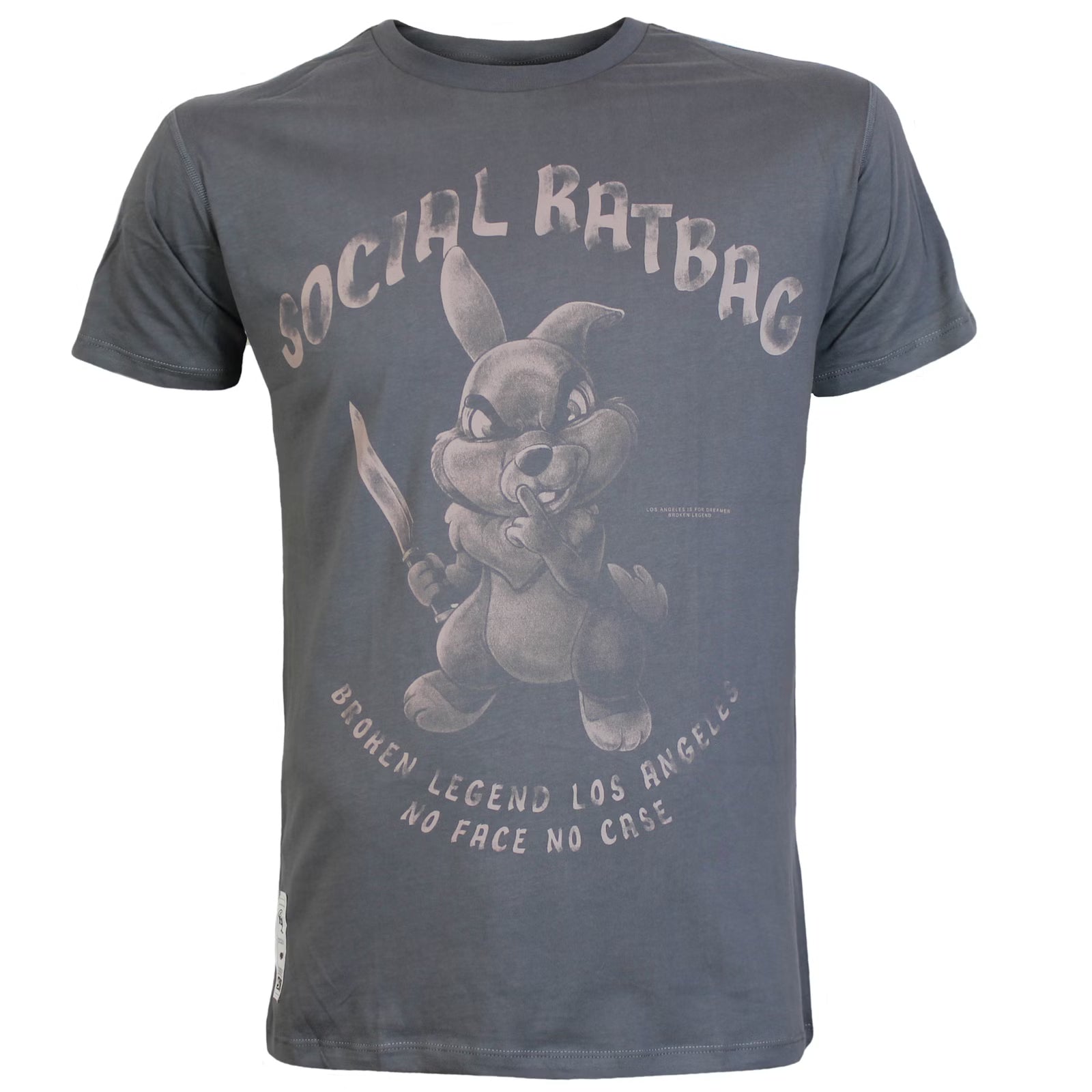 Yakuza Premium Herren T-Shirt Broken Legend in Dunkelgrau mit grossem Social Ratbag Comic Hasen Print auf der Vorderseite.