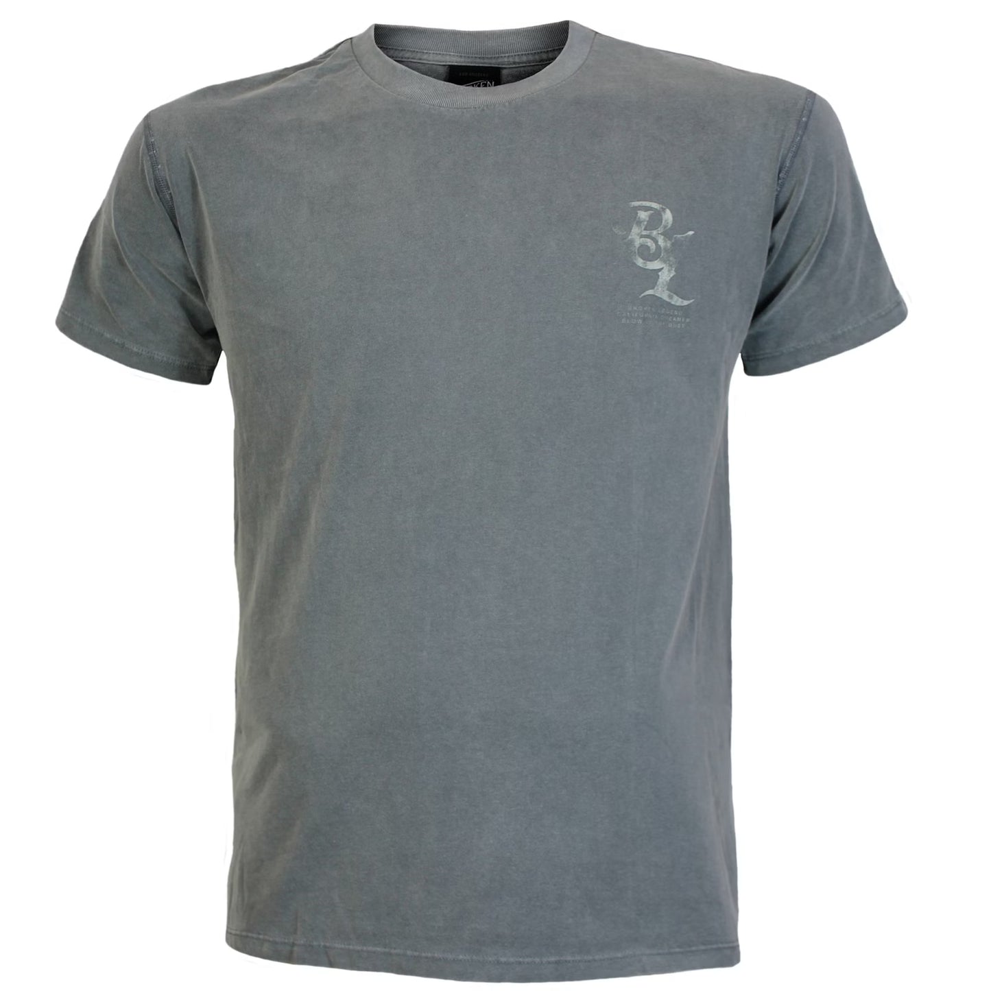 Yakuza Premium Herren T-Shirt Broken Legend in Olivgrau Vintage mit kleinem Logo-Brustprint auf der linken Seite.