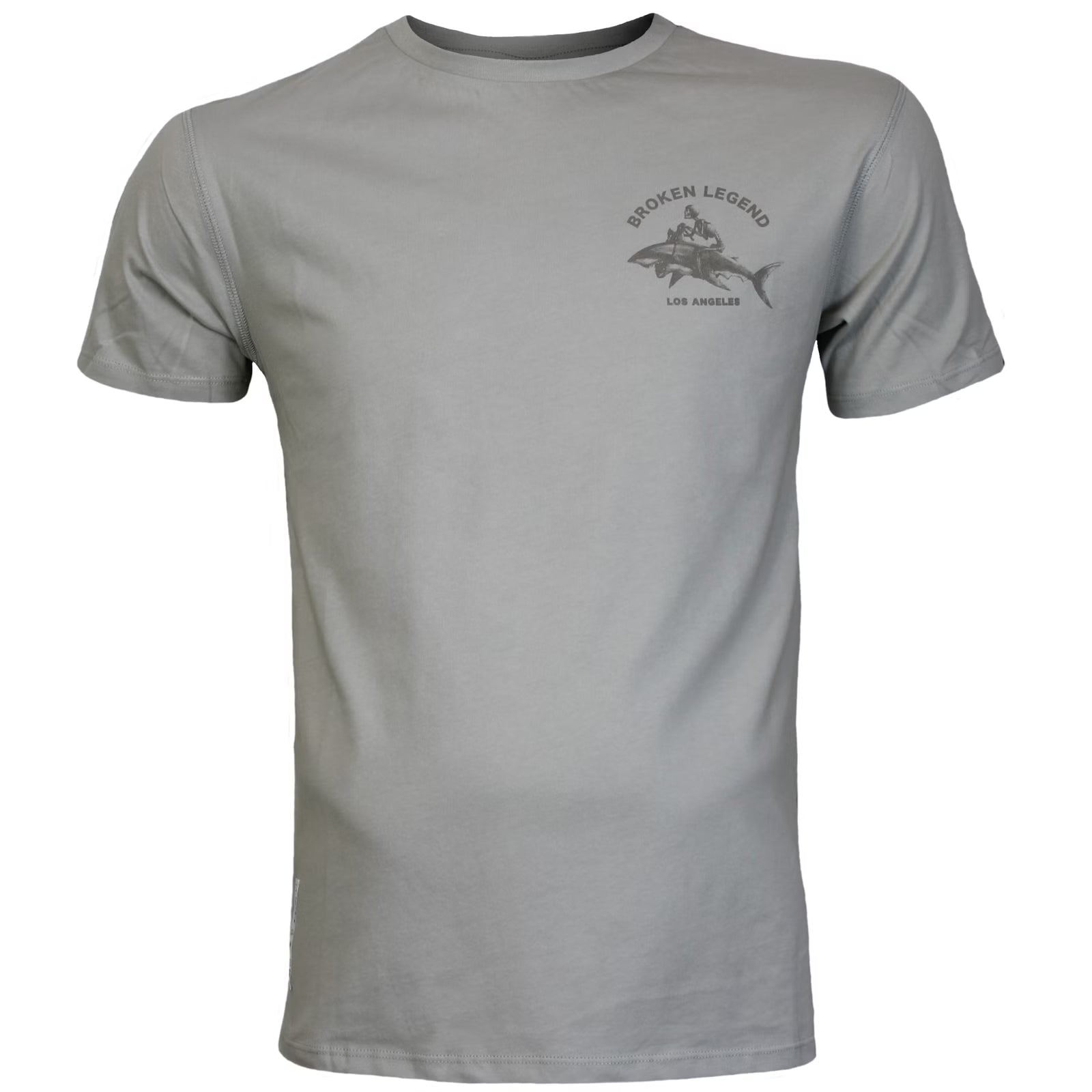 Graues Broken Legend T-Shirt mit kleinem Brustprint und Hai-Rückenprint