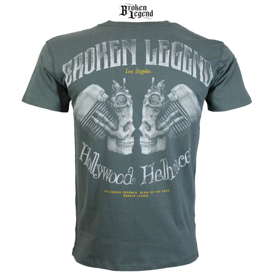 Yakuza Premium Herren T-Shirt olivgrün mit grossem Biker-Motoren- und Totenkopf-Rückenprint.