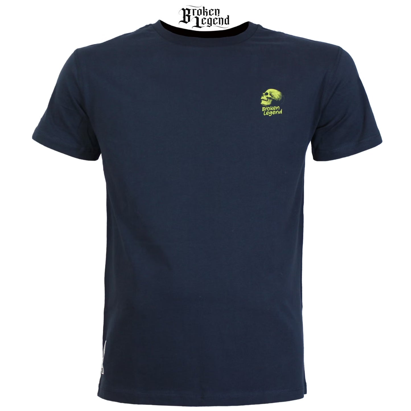 Dunkelblaues Broken Legend T-Shirt von Yakuza Premium mit kleinem grünen Totenkopf-Print auf der Brust.