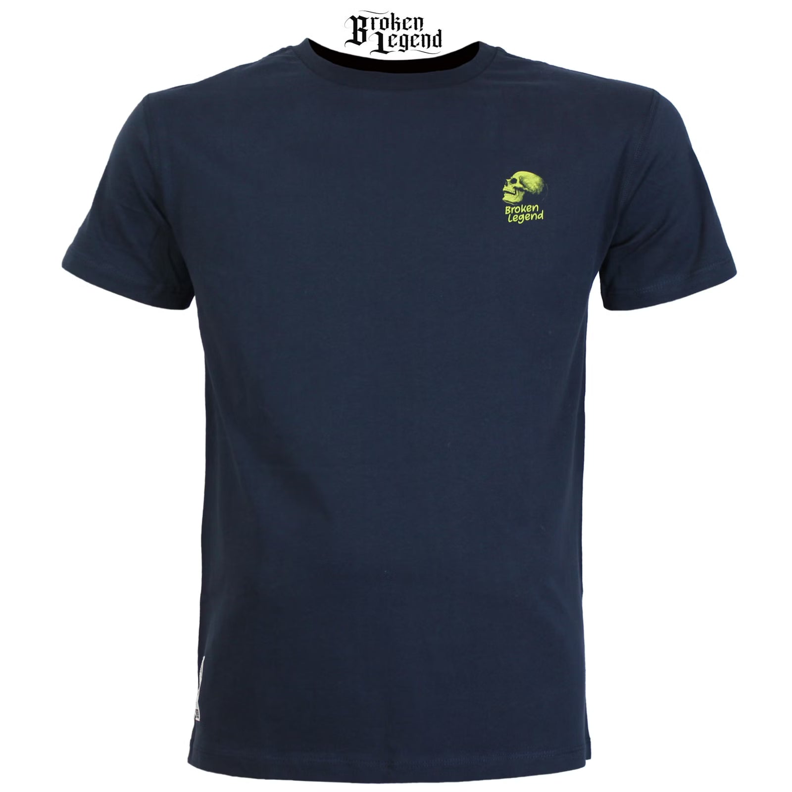 Dunkelblaues Broken Legend T-Shirt von Yakuza Premium mit kleinem grünen Totenkopf-Print auf der Brust.