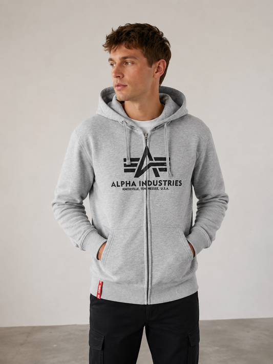 lpha Industries Basic Zip Hoody in Grey Heather mit Logo-Siebdruck auf der Brust für Herren.