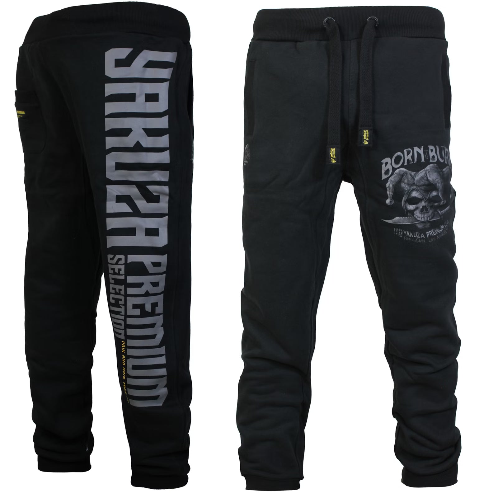 Yakuza Premium Herren Jogginghose in Schwarz mit grossem grauem Yakuza Premium Selection Schriftzug auf der Rückseite und Joker Harlekin Print auf dem linken Bein.
