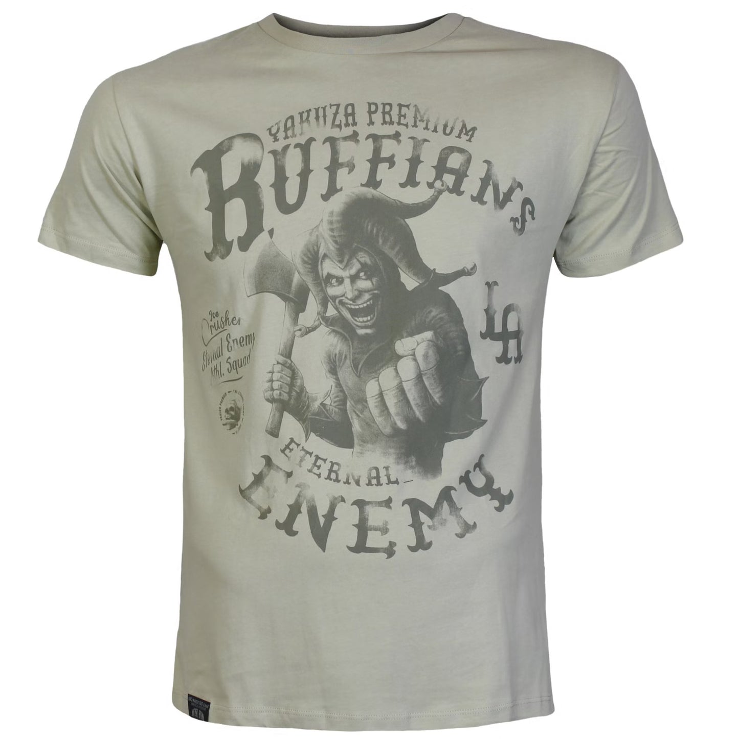 Vorderseite des sandoliven Yakuza Premium Herren T-Shirts Ruffians Eternal Enemy mit grossem grauem Grafikprint.