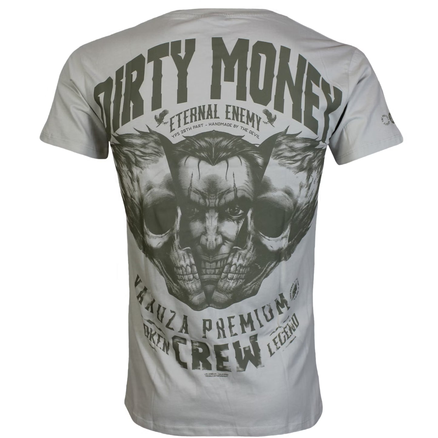Rückseite von grauem Yakuza Premium T-Shirt mit Biker Totenkopf Print.
