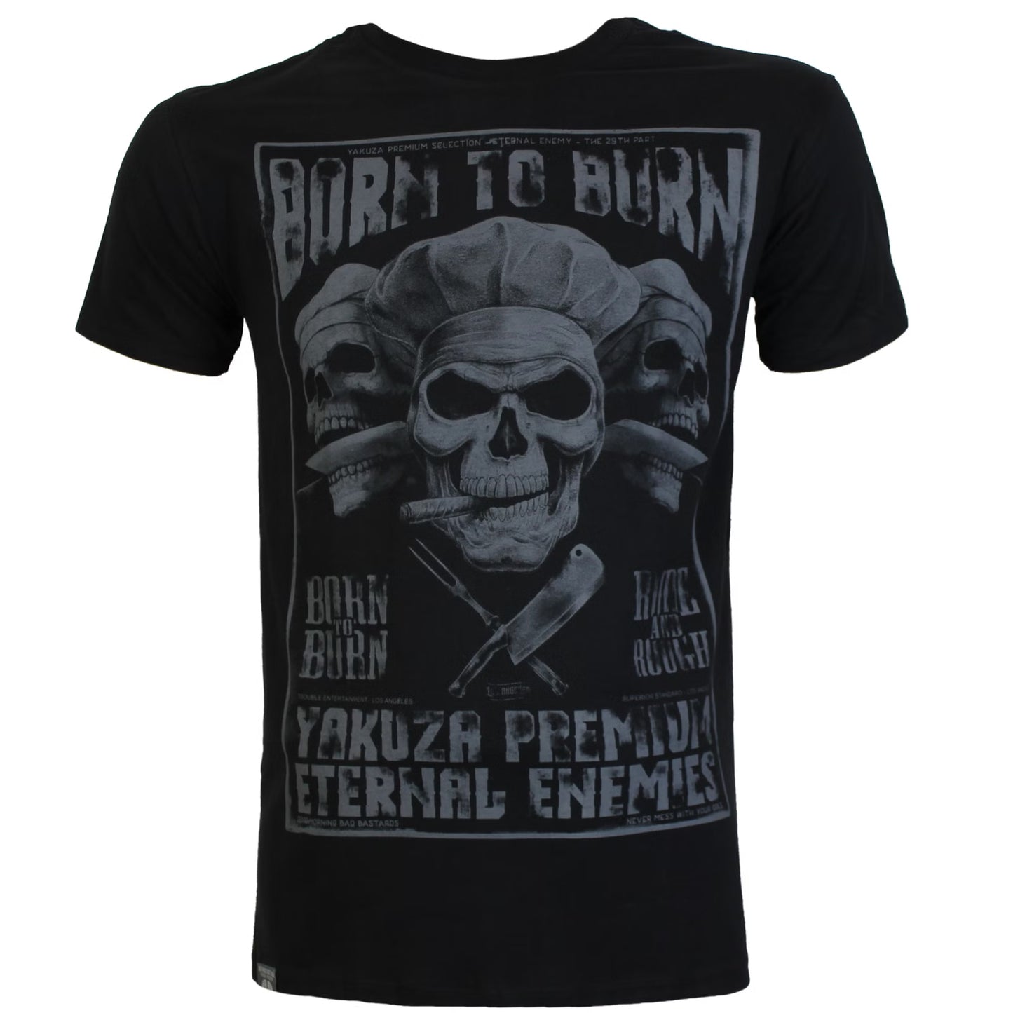 Schwarzes Yakuza Premium T-Shirt mit Born to Burn Totenkopf-Print aus weicher Pima-Baumwolle.