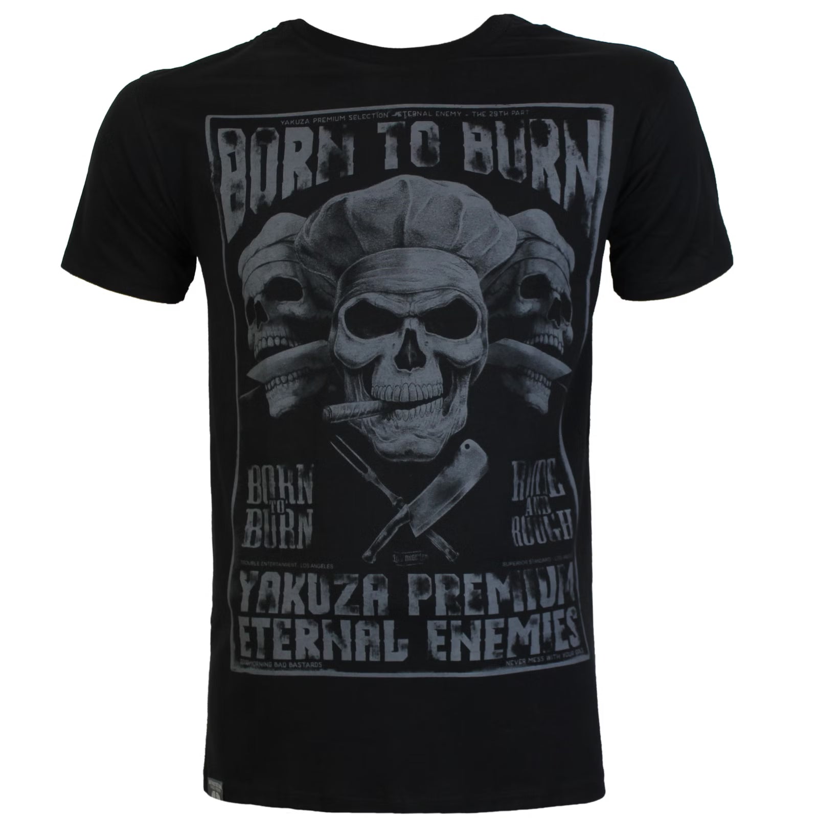 Schwarzes Yakuza Premium T-Shirt mit Born to Burn Totenkopf-Print aus weicher Pima-Baumwolle.