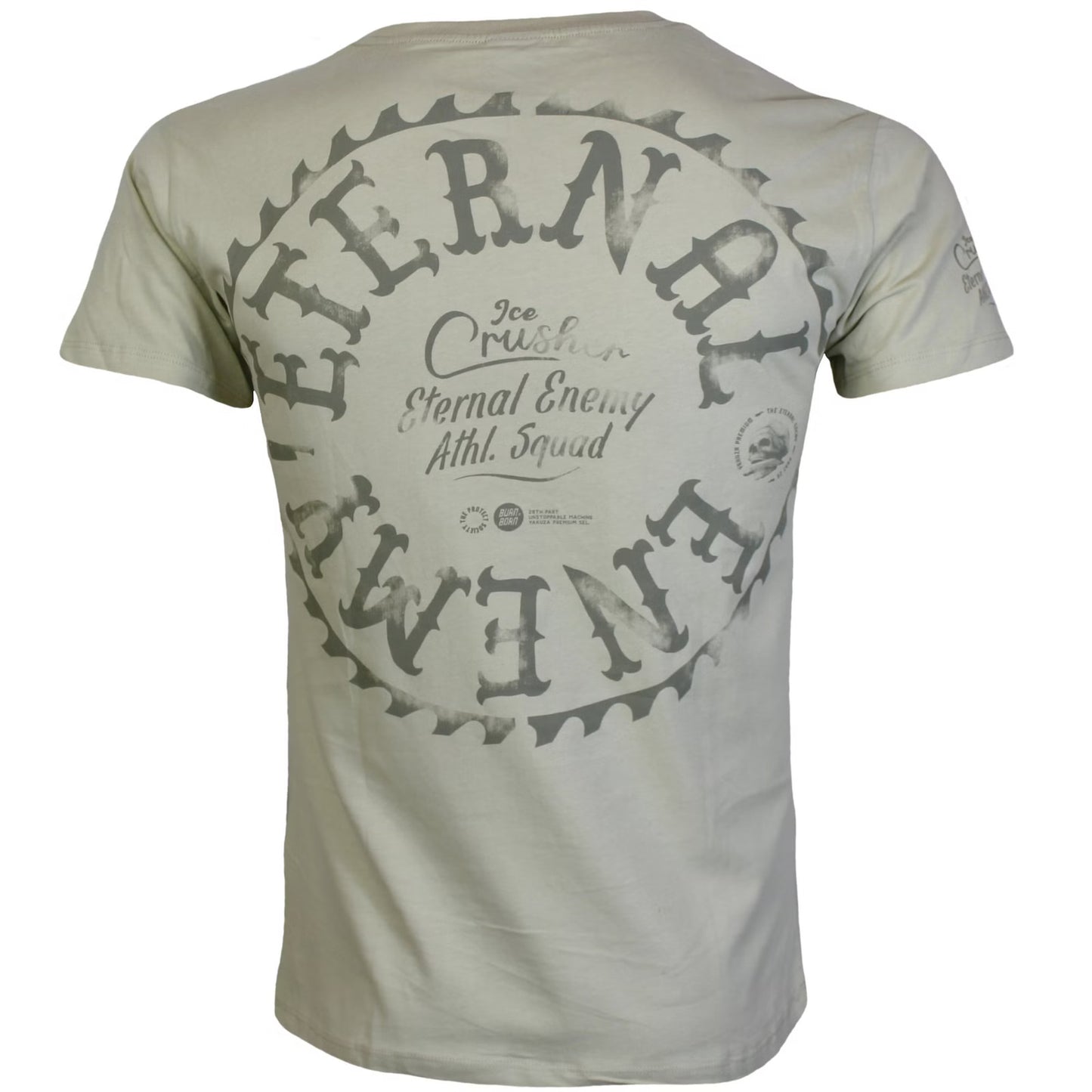Rückseite des sandoliven Yakuza Premium Herren T-Shirts Ruffians Eternal Enemy mit grossem grauem Print.