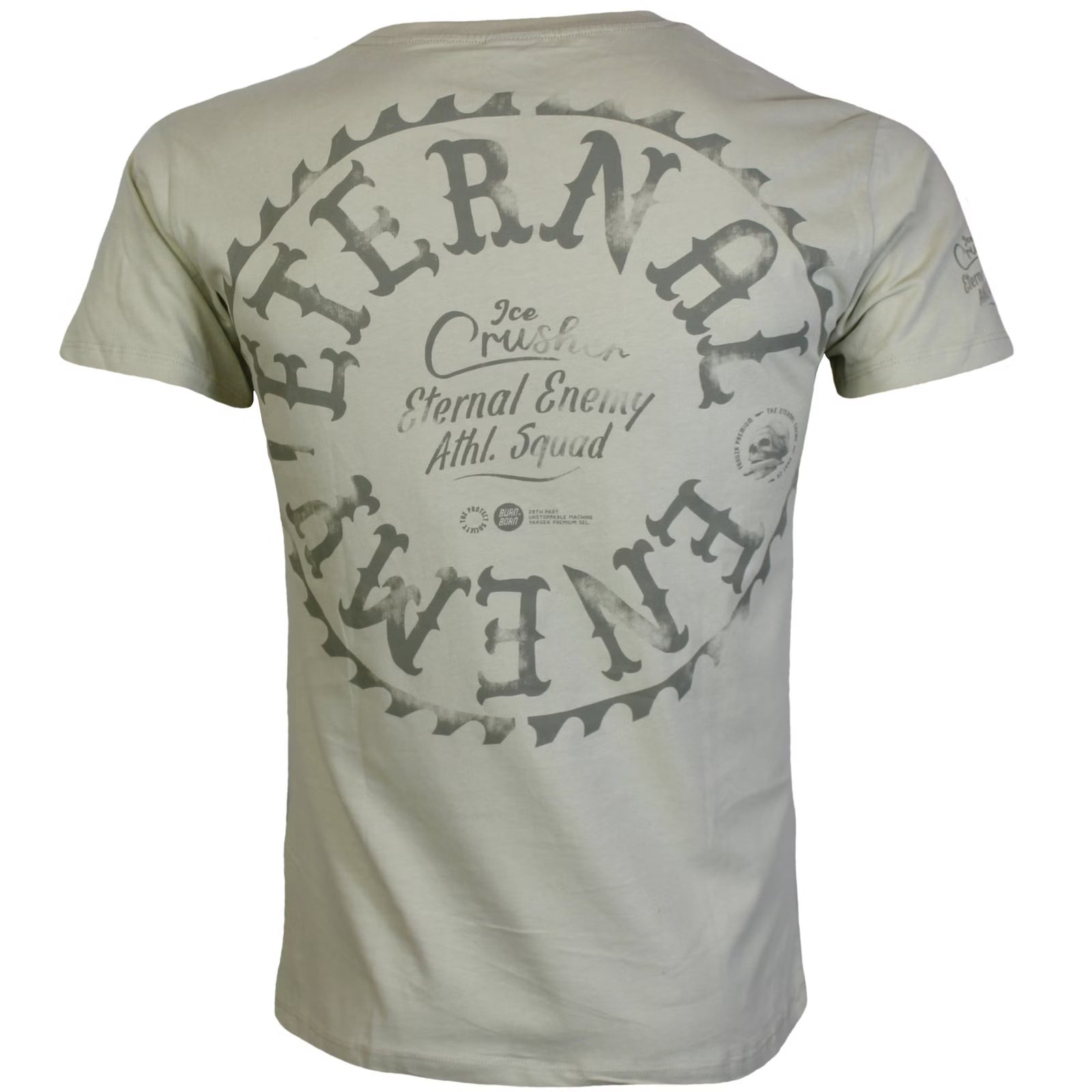 Rückseite des sandoliven Yakuza Premium Herren T-Shirts Ruffians Eternal Enemy mit grossem grauem Print.