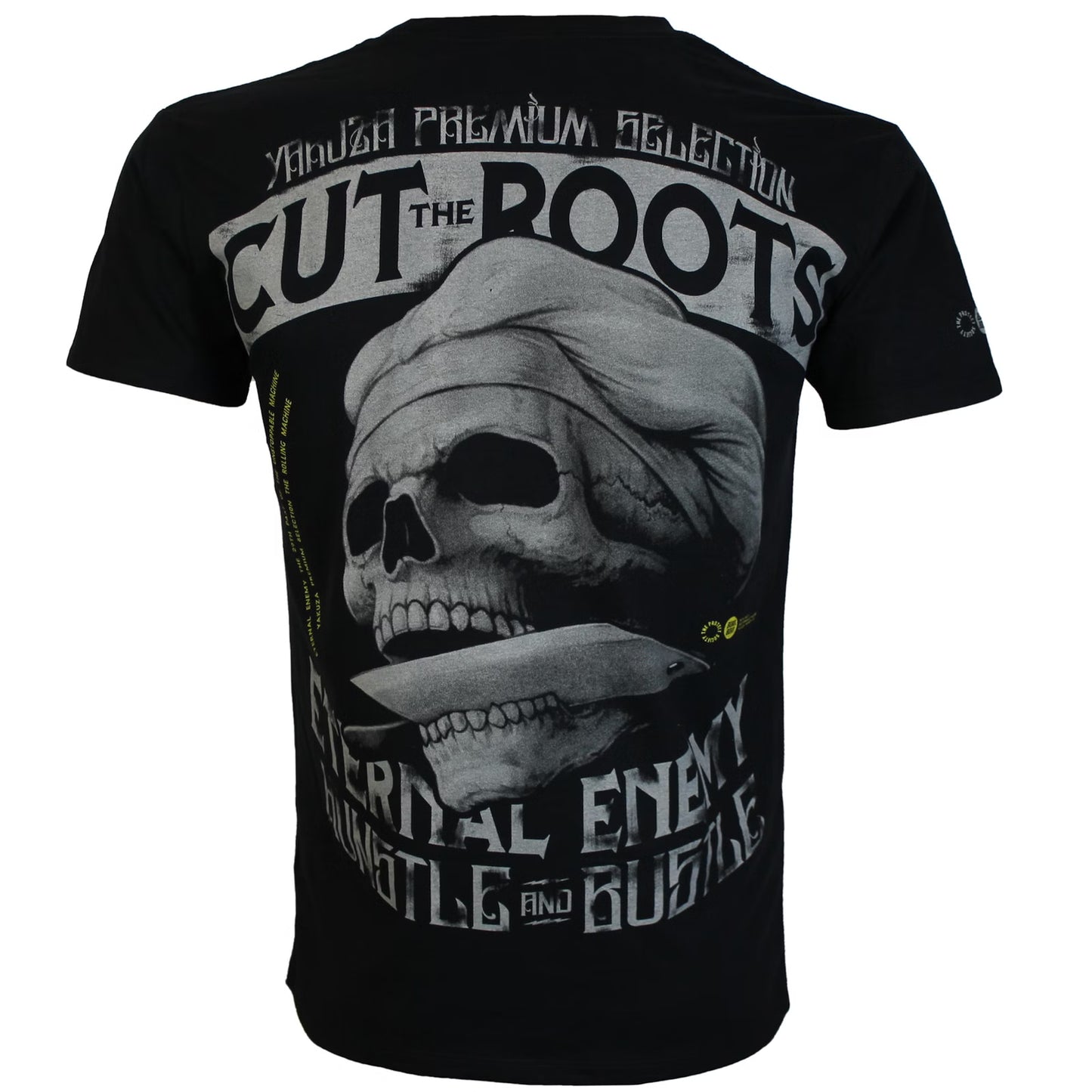 Schwarzes Yakuza Premium T-Shirt mit grossem Totenkopf-Druck auf dem Rücken.