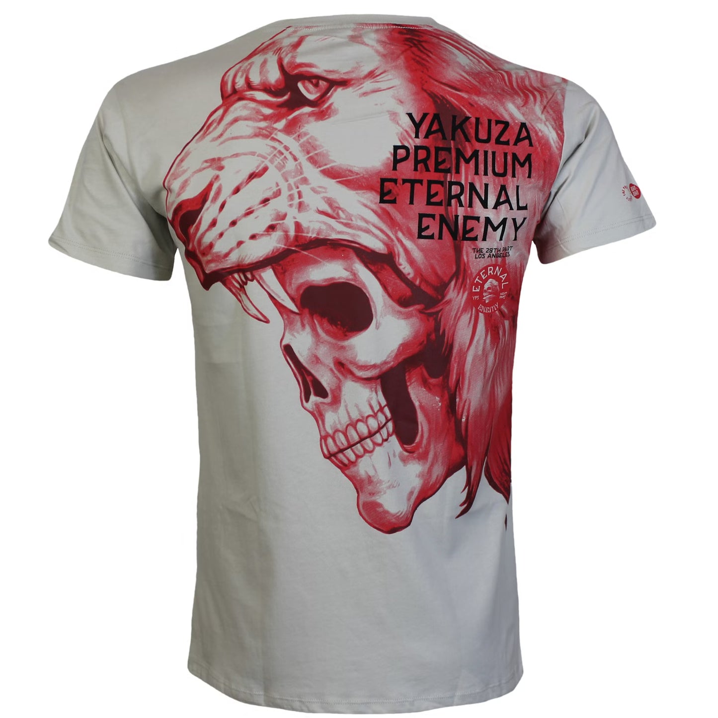 Rückseite des lichtgrauen Yakuza Premium Herren T-Shirts mit grossem Schriftzug und rotem Löwen-Totenkopf-Grafikprint.