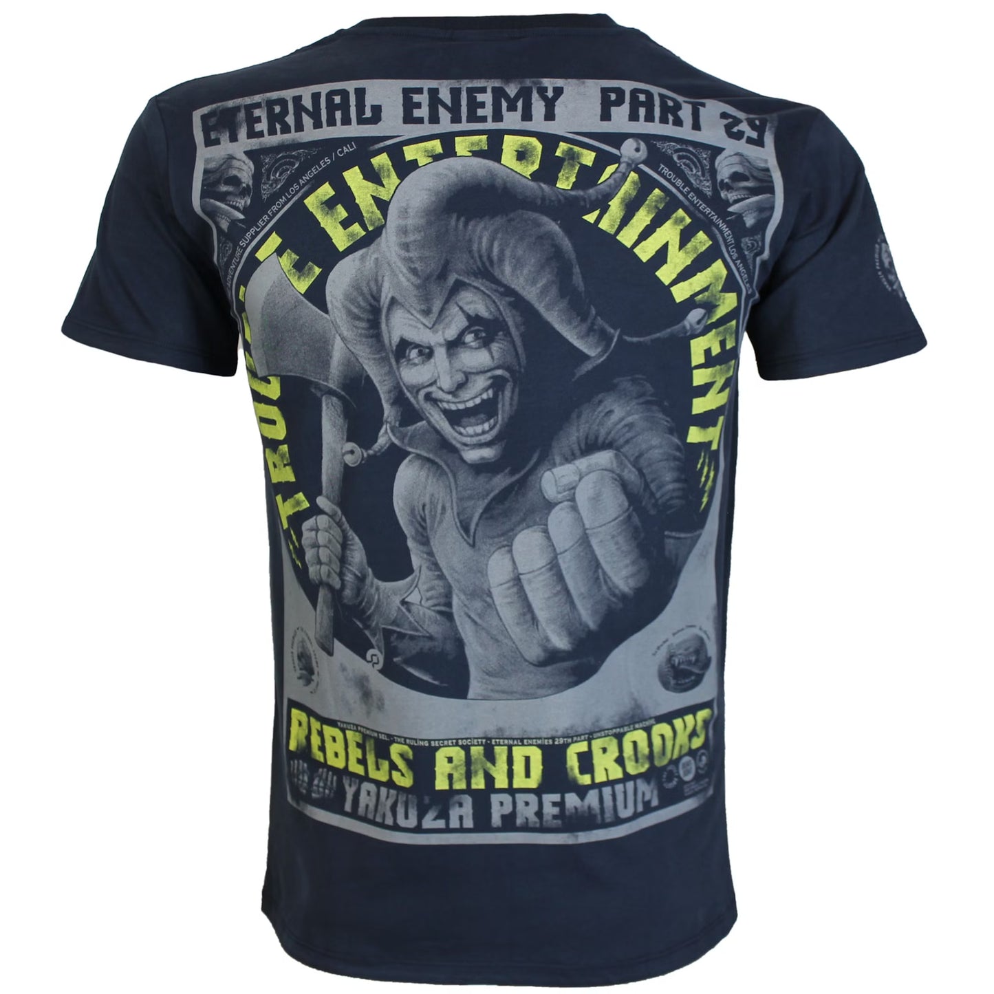 Rückseite des dunkelblauen Yakuza Premium T-Shirts mit grossem Joker-Print aus weicher Pima-Baumwolle.