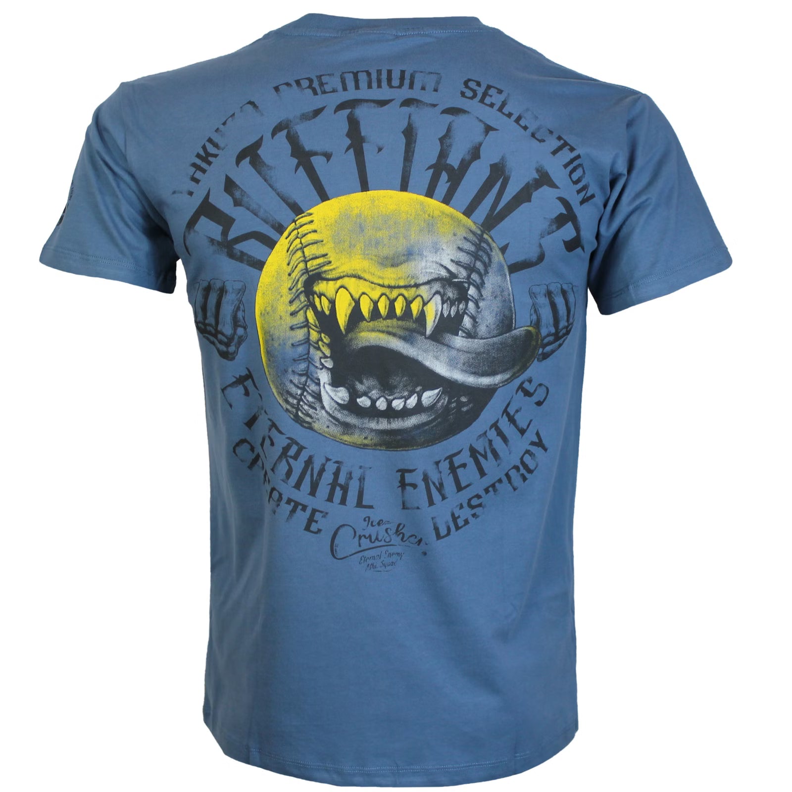 Rückseite von blauem Yakuza Premium T-Shirt mit grossem, zahnbewehrtem Baseball-Print.