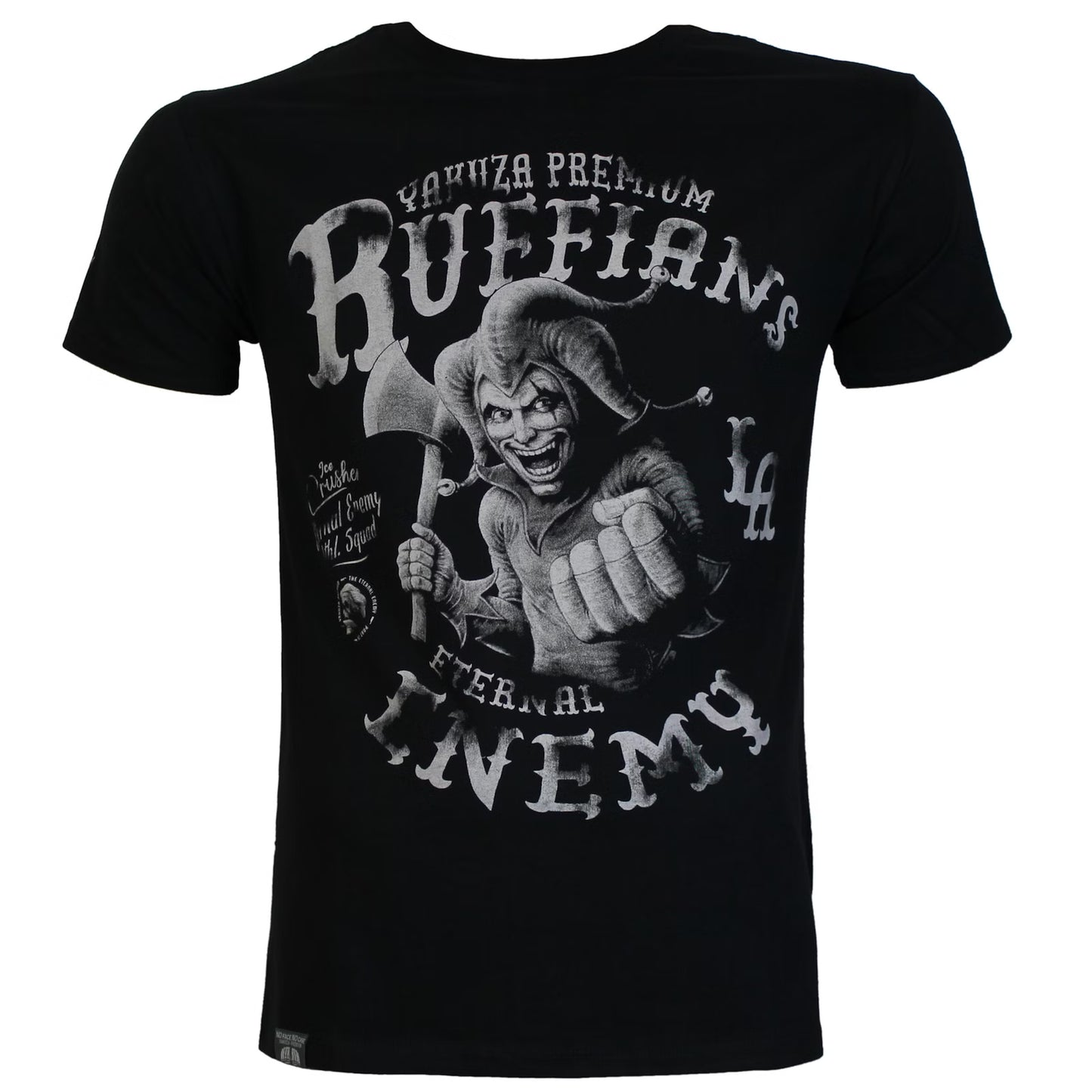Vorderseite von schwarzem Yakuza Premium T-Shirt mit grossem Harlekin-Axt-Print.