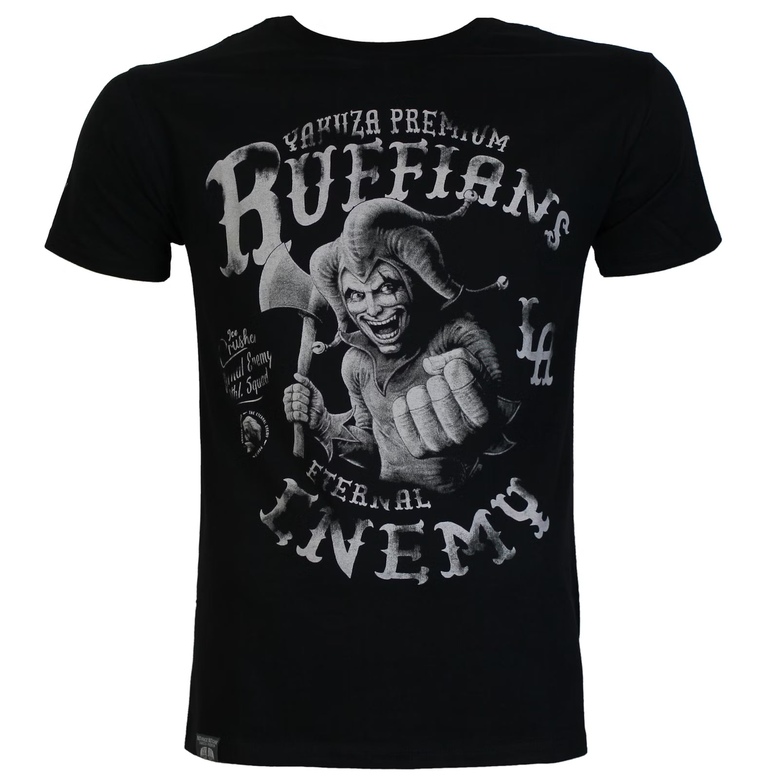 Vorderseite von schwarzem Yakuza Premium T-Shirt mit grossem Harlekin-Axt-Print.