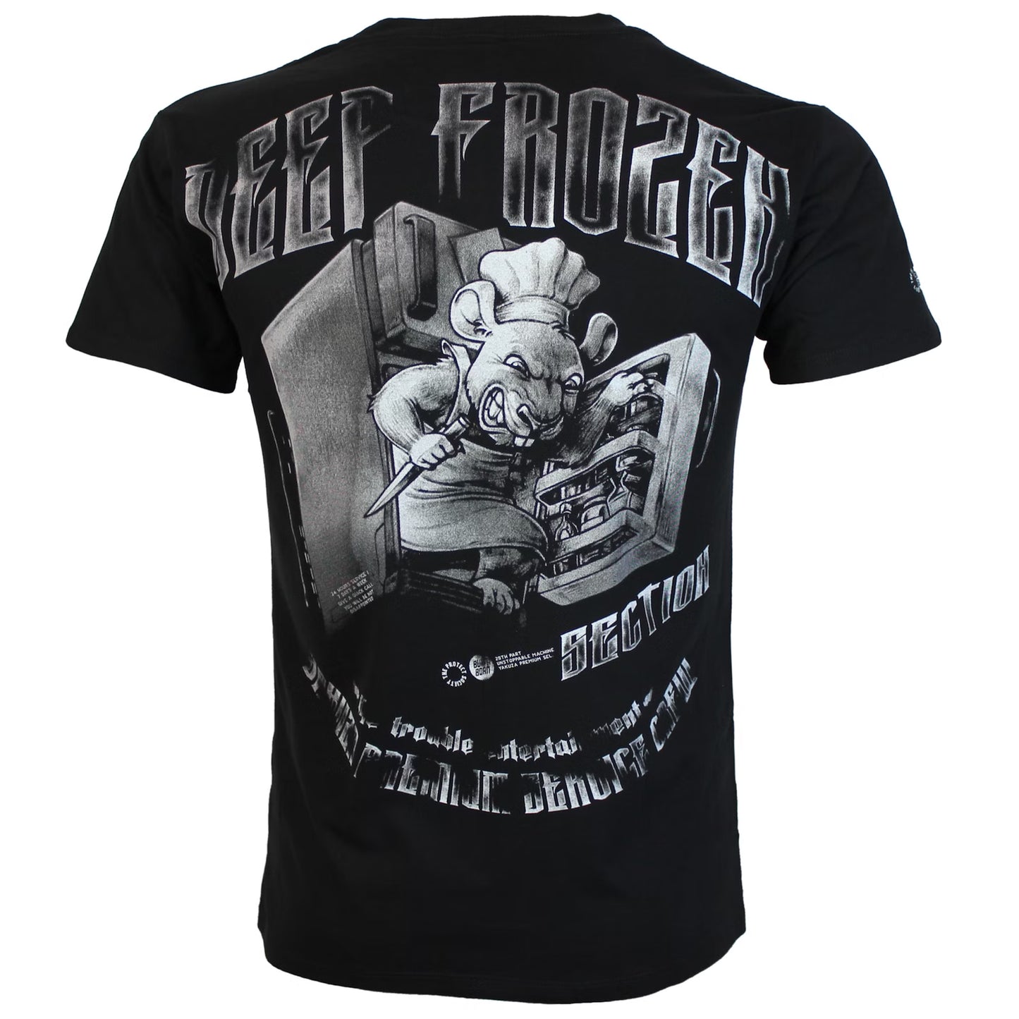 Rückseite von schwarzem Yakuza Premium T-Shirt mit grossem Ratten-Koch-Print.