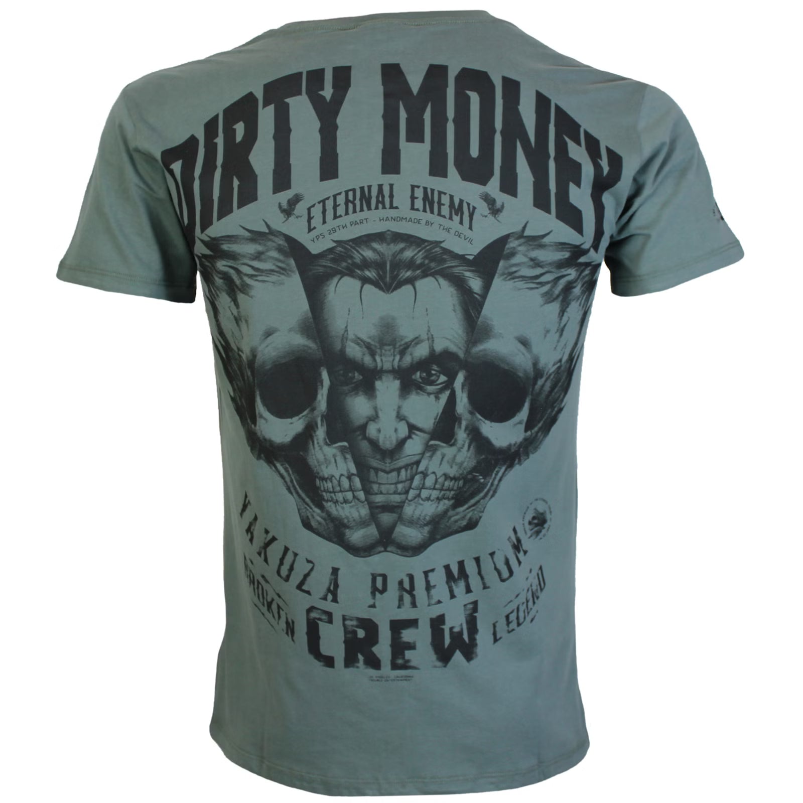 Rückseite von olivgrünem Yakuza Premium T-Shirt mit Biker Totenkopf Print.