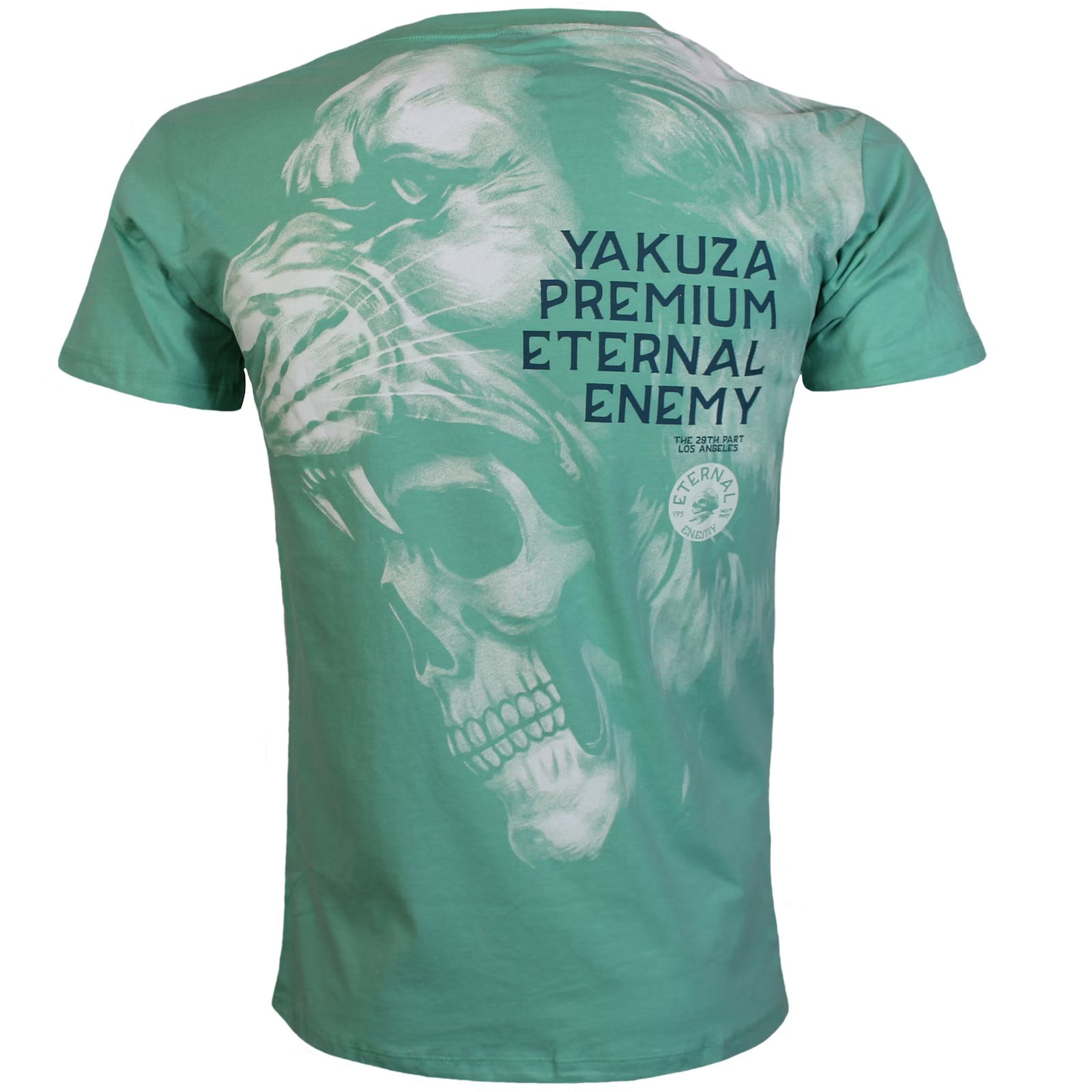 Rückseite des mintgrünen Yakuza Premium Herren T-Shirts mit grossem Schriftzug und Löwen-Totenkopf-Grafikprint.