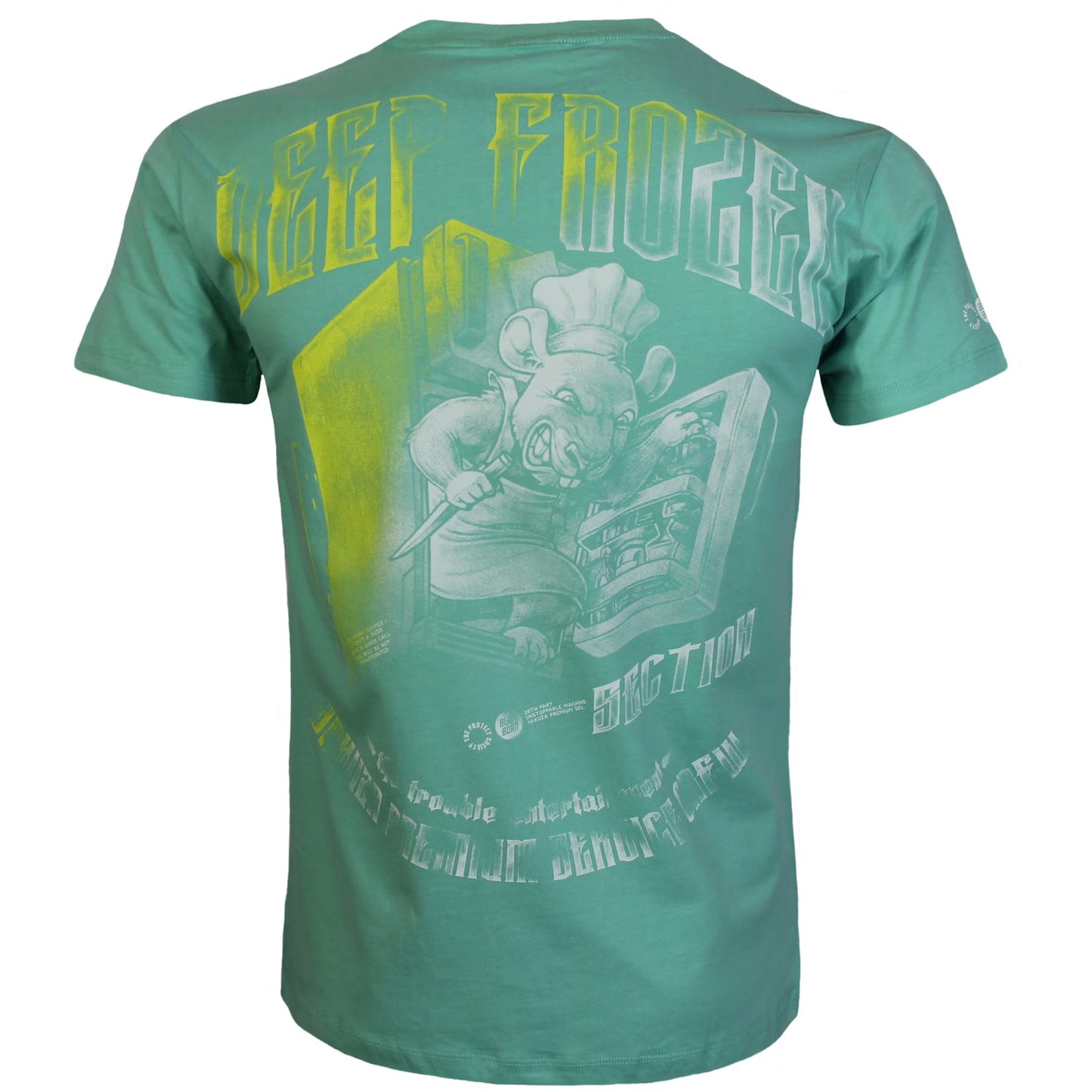 Rückseite von mintgrünem Yakuza Premium T-Shirt mit Ratten-Koch-Print.