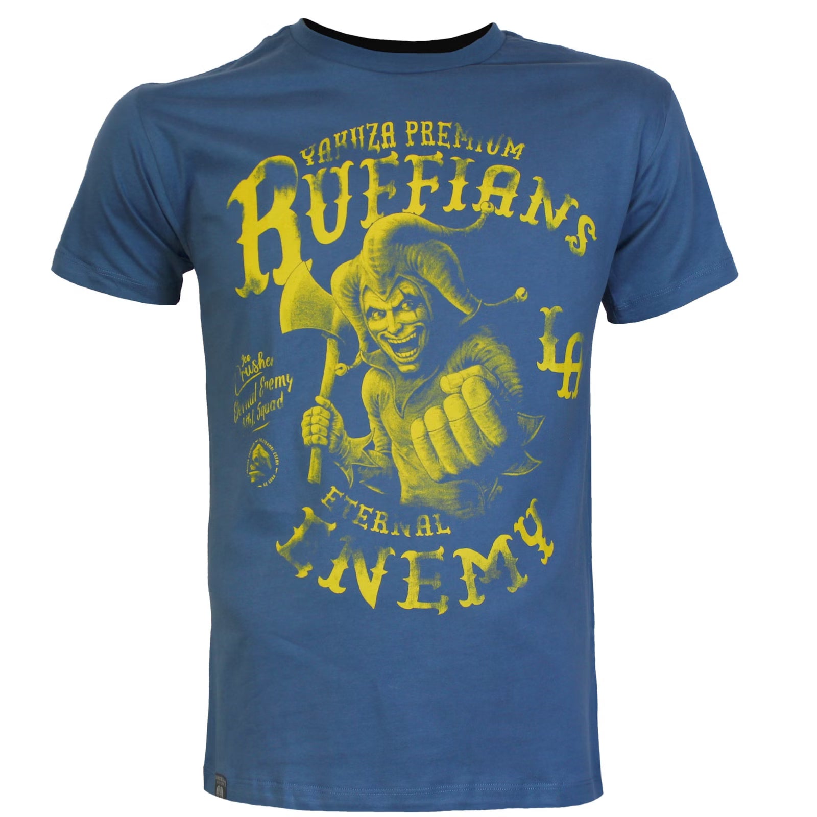 Rückseite des blauen Yakuza Premium Herren T-Shirts Ruffians Eternal Enemy mit grossem gelbem Print.