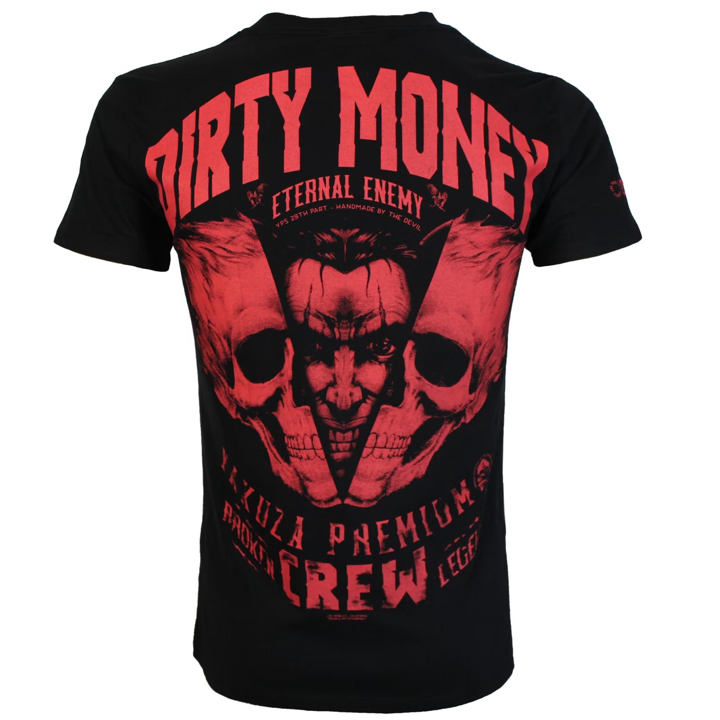Rückseite von schwarzem Yakuza Premium T-Shirt mit Dirty Money Print und Totenköpfen.