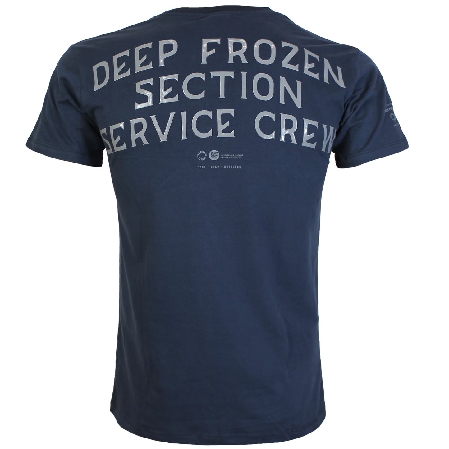 Rückseite von dunkelblauem Yakuza Premium T-Shirt mit grossem Deep Frozen Section Print.