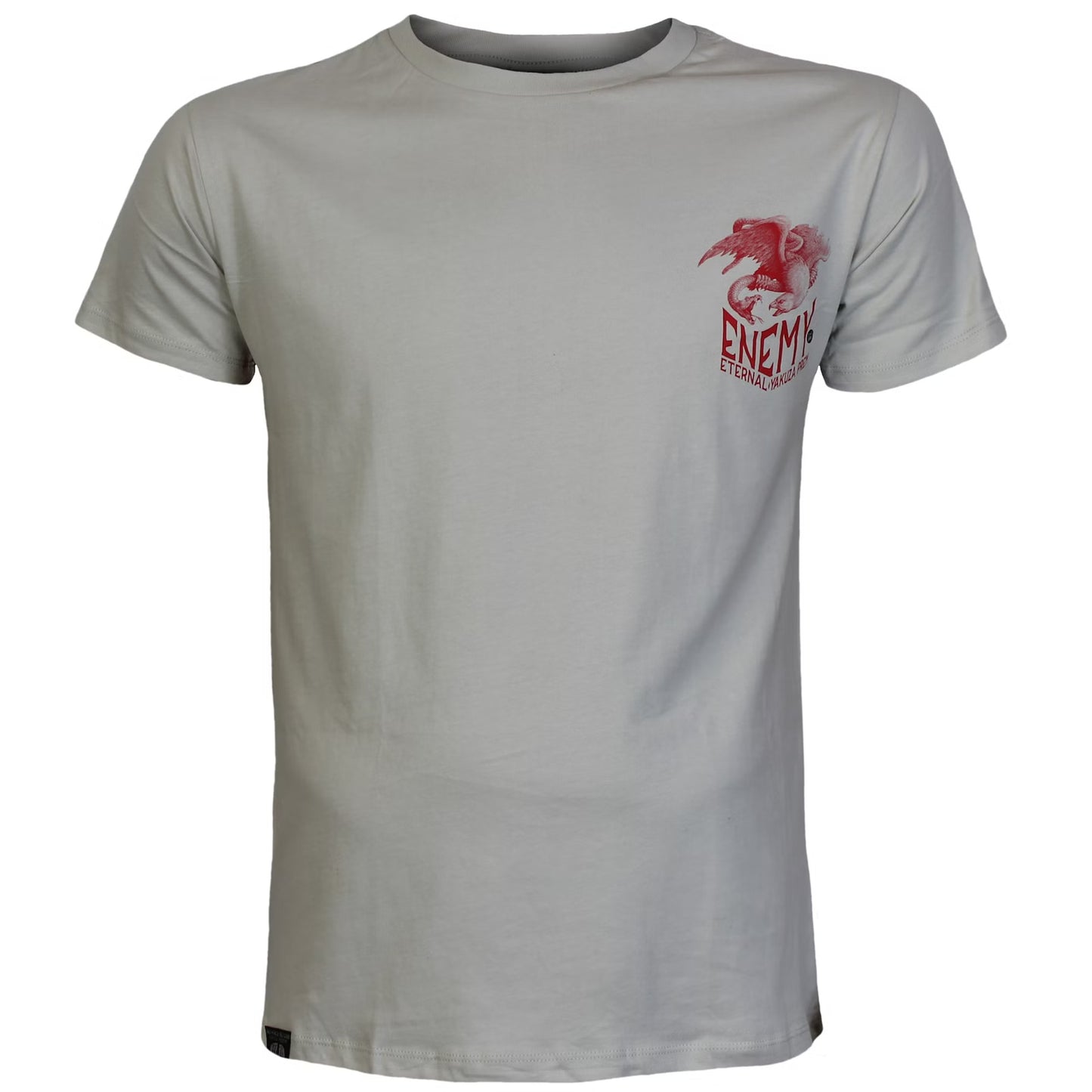 Vorderseite des lichtgrauen Yakuza Premium Herren T-Shirts mit kleinem rotem Grafikprint auf der linken Brust.