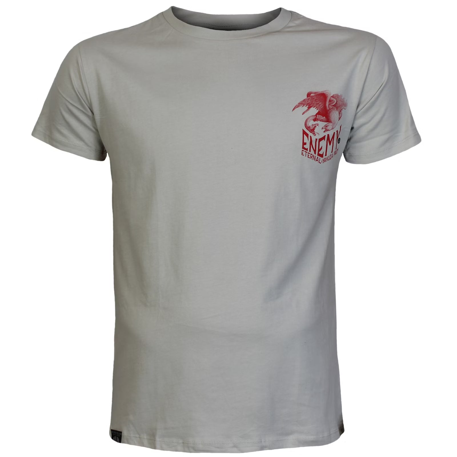 Vorderseite des lichtgrauen Yakuza Premium Herren T-Shirts mit kleinem rotem Grafikprint auf der linken Brust.