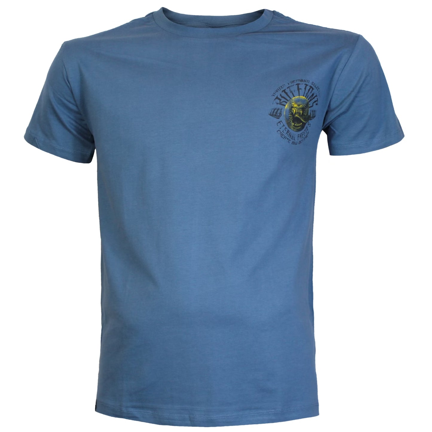 Vorderseite von blauem Yakuza Premium T-Shirt mit kleinem Baseball-Brustprint.