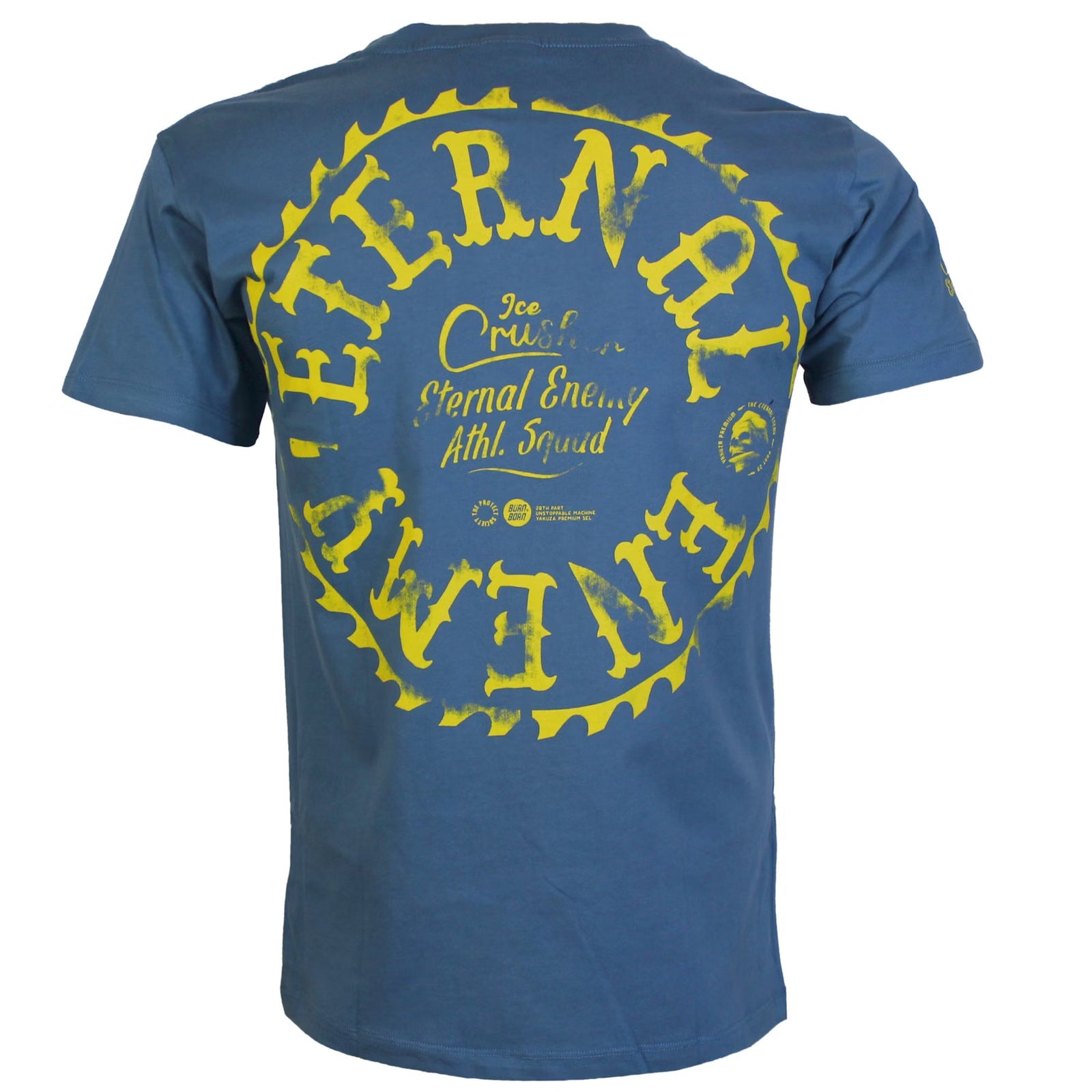 Vorderseite des blauen Yakuza Premium Herren T-Shirts Ruffians Eternal Enemy mit grossem gelbem Grafikprint.