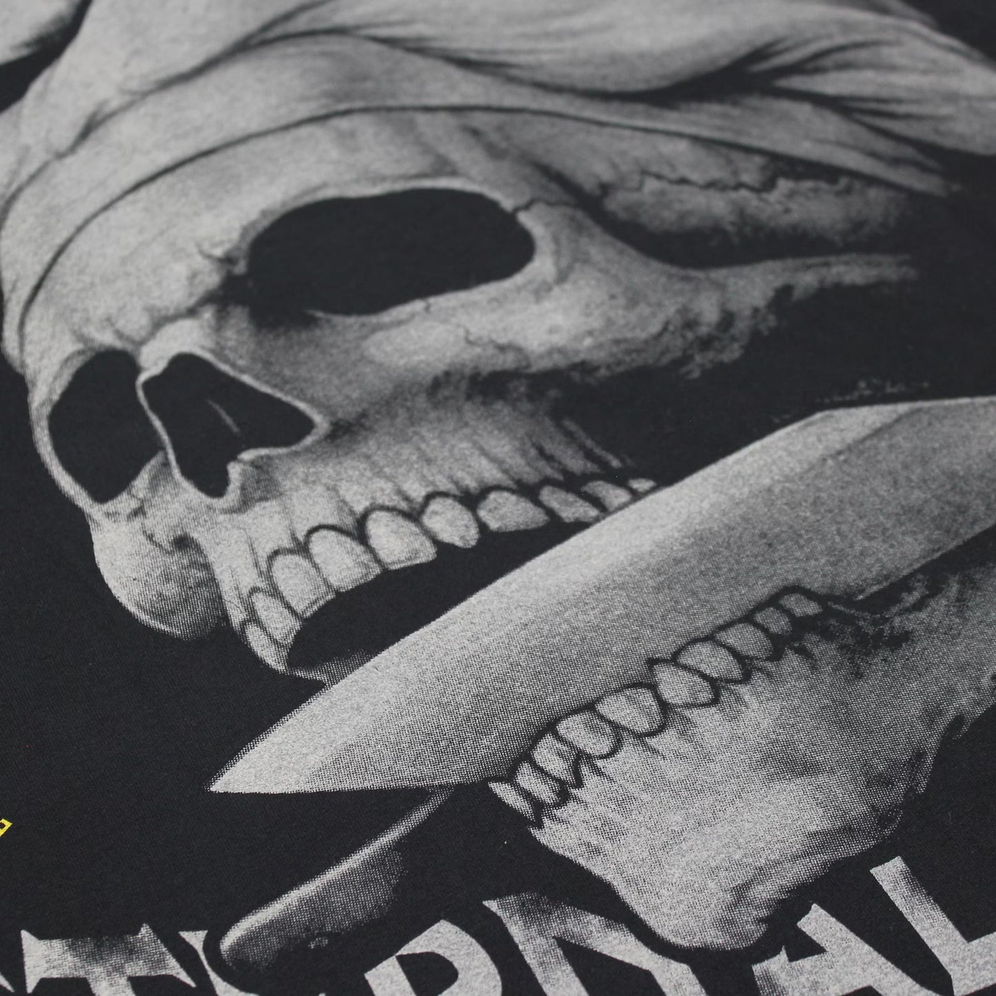 Material-Nahaufnahme des Totenkopf-Drucks eines Yakuza Premium T-Shirts.