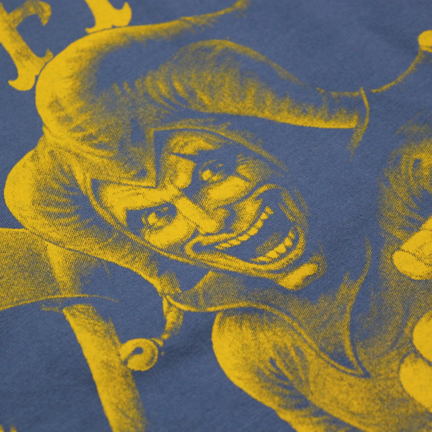 Nahaufnahme der Print- und Stoffqualität des Hofnarr-Motivs vom Yakuza Premium T-Shirt Ruffians Eternal Enemy.