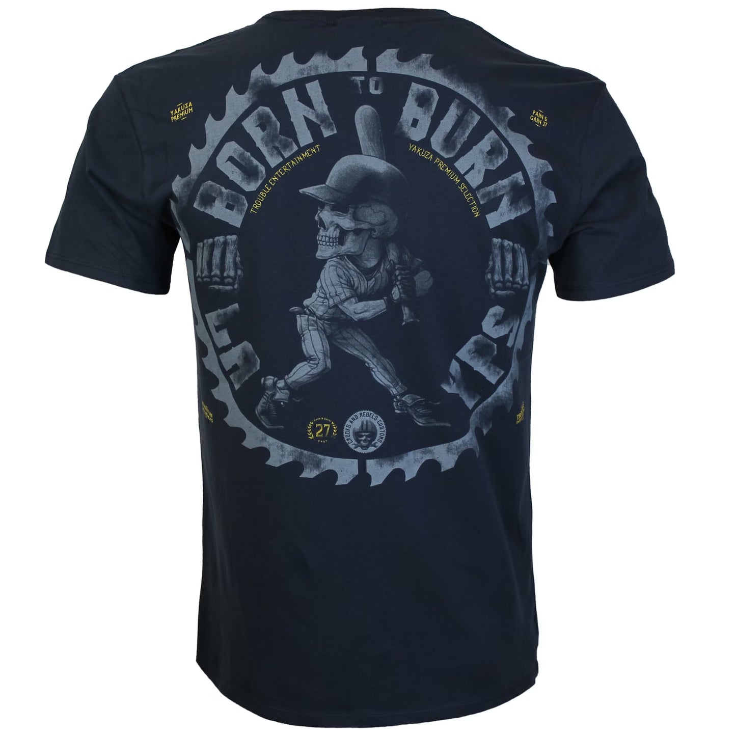 Yakuza Premium T-Shirt in Dunkelblau mit Skull-Print auf Rücken und Brust, weiche Pima-Baumwolle