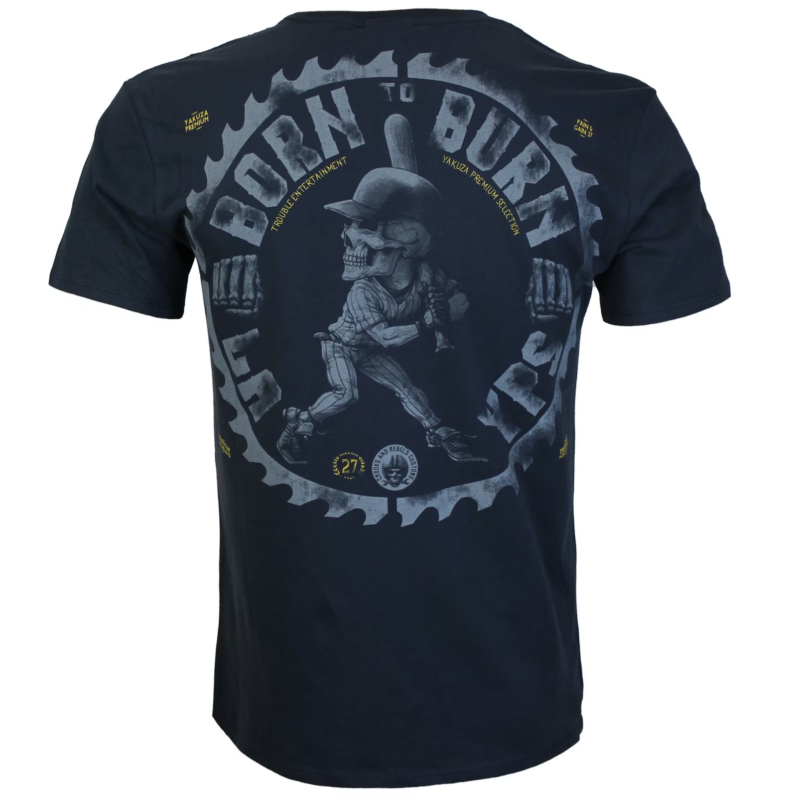 Yakuza Premium T-Shirt in Dunkelblau mit Skull-Print auf Rücken und Brust, weiche Pima-Baumwolle