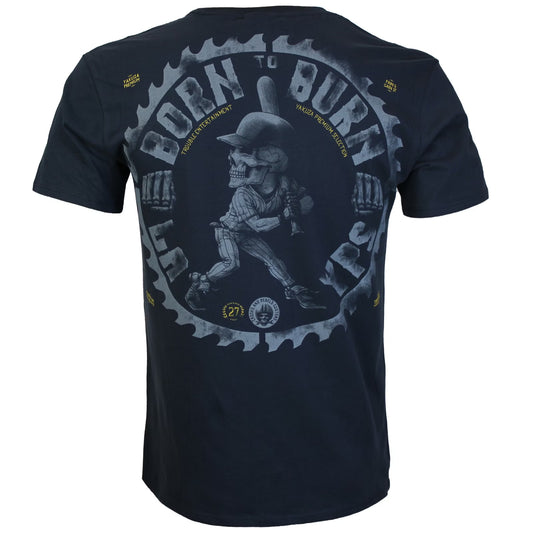 Yakuza Premium T-Shirt in Dunkelblau mit Skull-Print auf Rücken und Brust, weiche Pima-Baumwolle