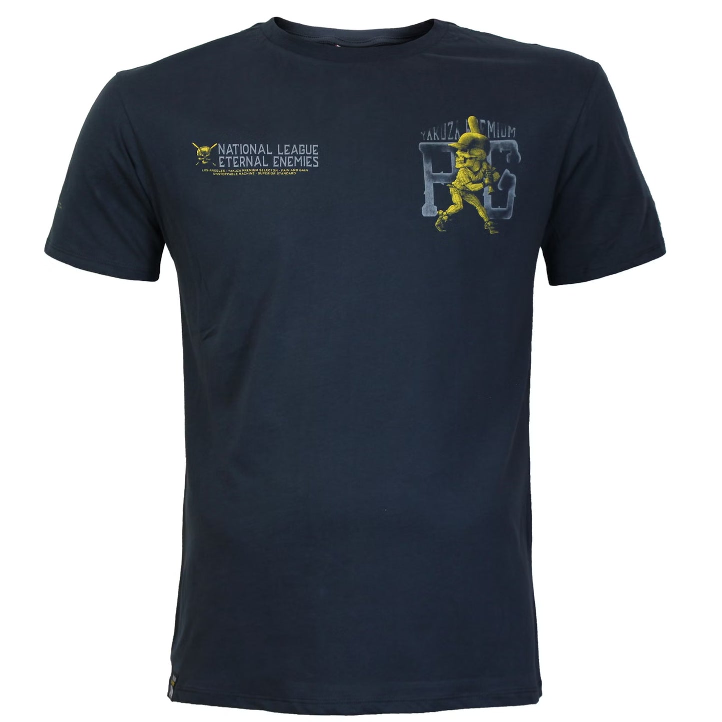 Yakuza Premium T-Shirt in Dunkelblau mit Skull-Print auf Rücken und Brust, weiche Pima-Baumwolle