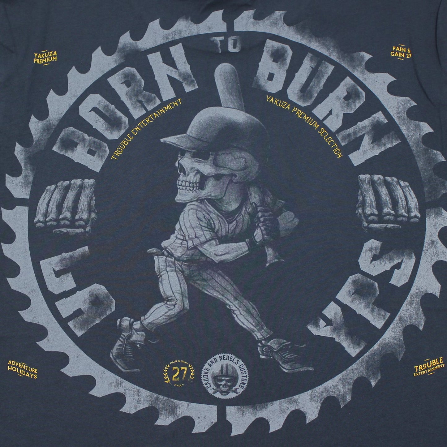 Yakuza Premium T-Shirt in Dunkelblau mit Skull-Print auf Rücken und Brust, weiche Pima-Baumwolle