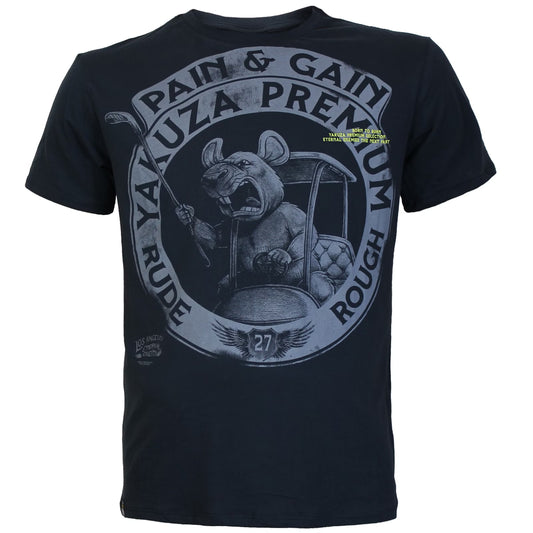 Vorderansicht Yakuza Premium T-Shirt dunkelblau mit grossem Ratten- und Golfschläger-Print.