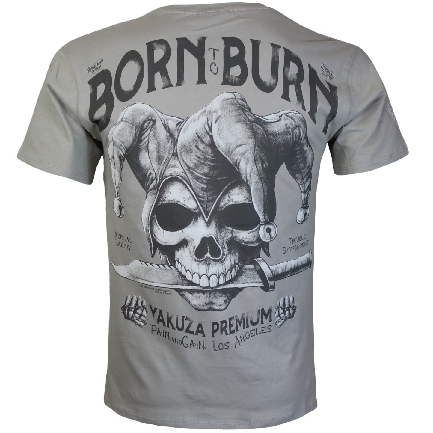 Yakuza Premium T-Shirt in Hellgrau mit Harlekin-Print auf dem Rücken und Brustdruck