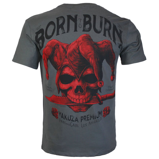 Yakuza Premium Herren T-Shirt in Dunkelgrau mit grossem Harlekin-Motiv auf dem Rücken und Print auf der Brust