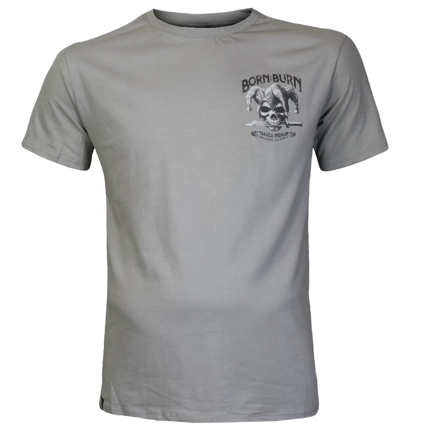 Yakuza Premium T-Shirt in Hellgrau mit Harlekin-Print auf dem Rücken und Brustdruck