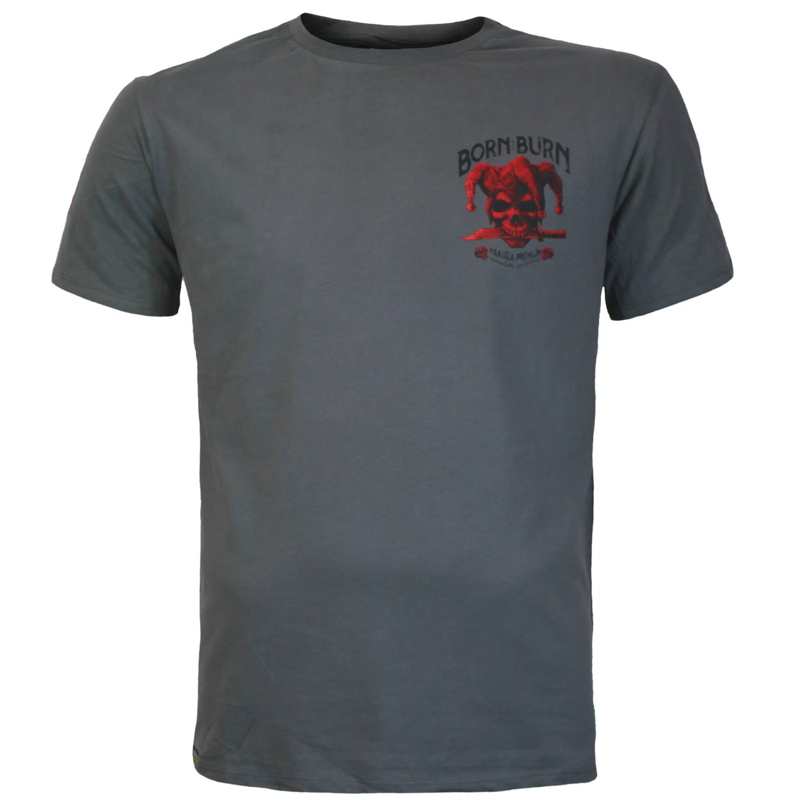 Yakuza Premium Herren T-Shirt in Dunkelgrau mit grossem Harlekin-Motiv auf dem Rücken und Print auf der Brust