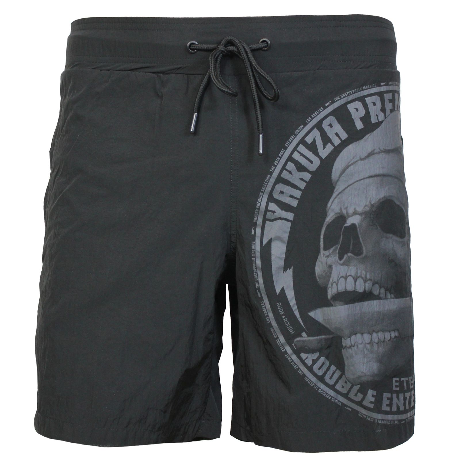Vorderansicht der schwarzen Yakuza Premium Badeshorts für Herren mit grossem Totenkopf-Print und Kordelzug.