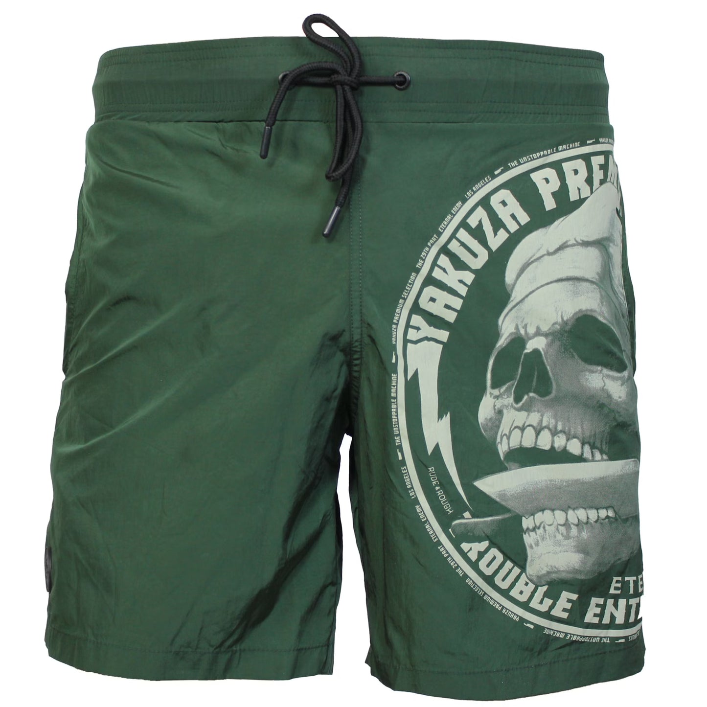 Vorderansicht der dunkeloliven Yakuza Premium Badeshorts für Herren mit grossem Totenkopf-Print und Kordelzug.