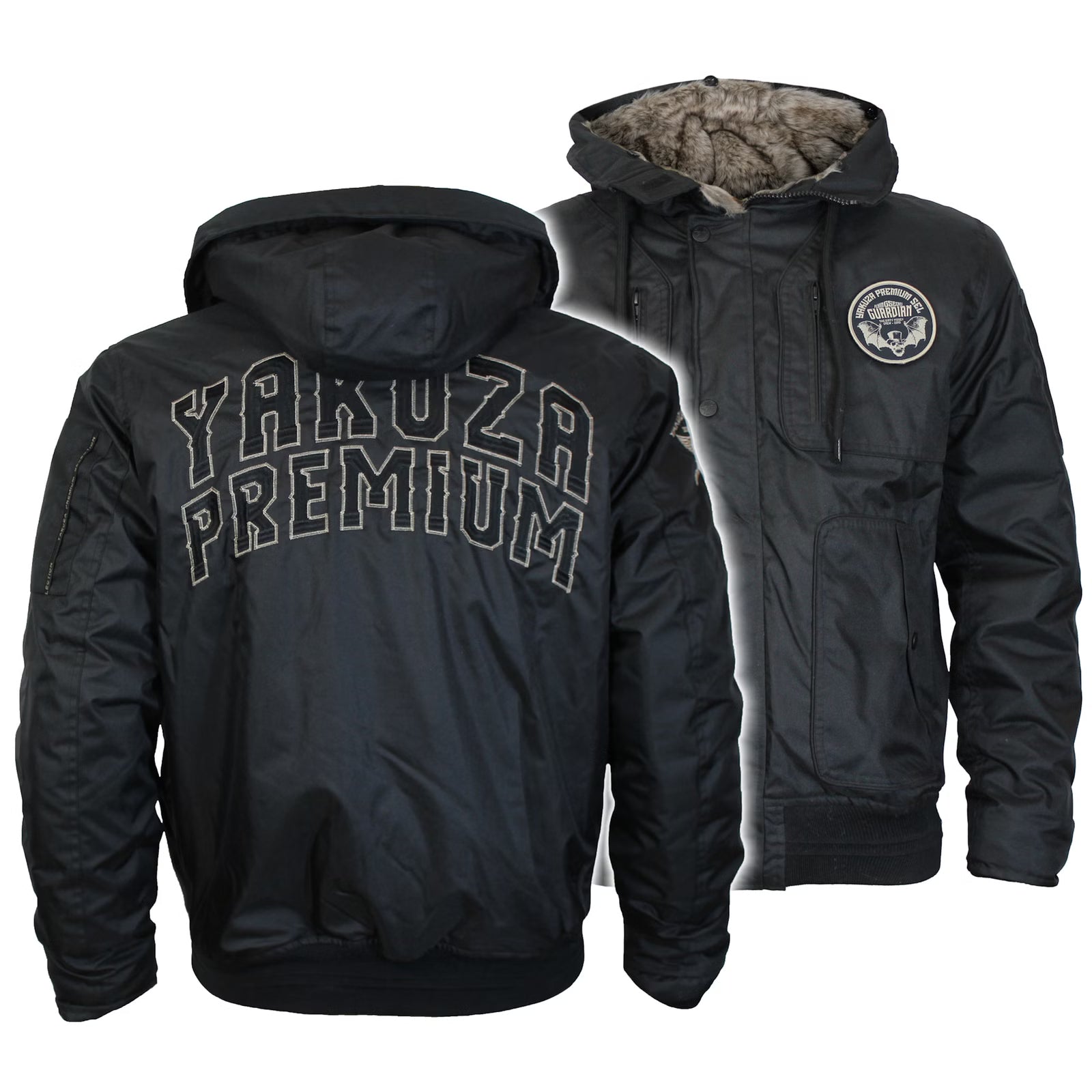 Schwarze Herren-Winterjacke von Yakuza Premium mit Kapuze, abnehmbarem Patch und Rückenstickerei