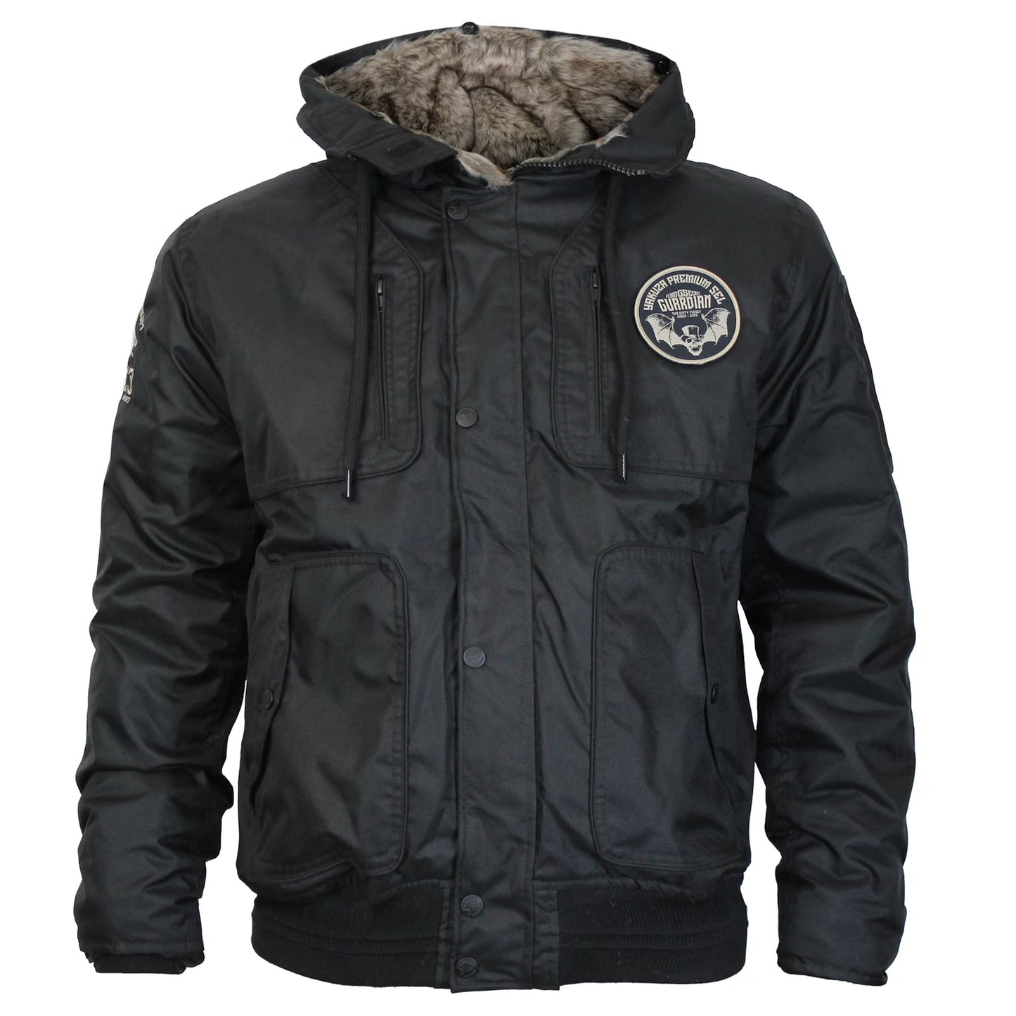 Schwarze Herren-Winterjacke von Yakuza Premium mit Kapuze, abnehmbarem Patch und Rückenstickerei