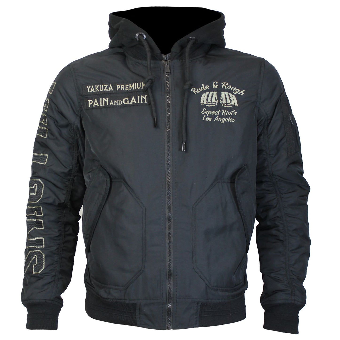 Stylisch, limitiert, Yakuza: Die schwarze Bomberjacke mit Stickerei & Kapuze ist ein Must-have für echte Männer. Schnell sichern!