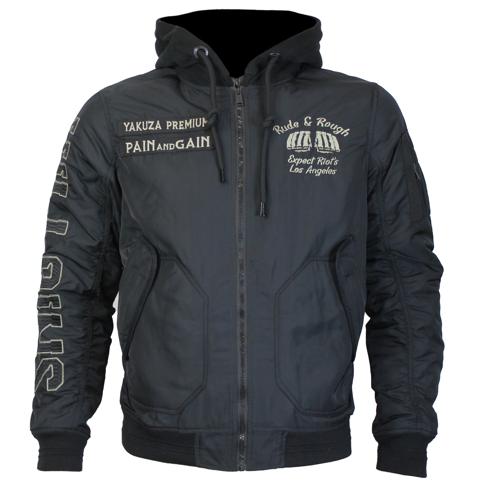 Stylisch, limitiert, Yakuza: Die schwarze Bomberjacke mit Stickerei & Kapuze ist ein Must-have für echte Männer. Schnell sichern!
